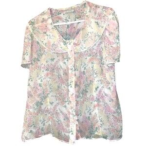Vintage 80s Sheer Floral Blouse Collar Short Sleeves UK Sz 16 - US Sz 12 BHS